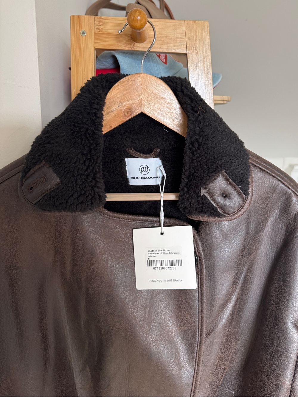 NWT Pink Diamond Dark Brown Faux Leather Shearling-Trim Jacket - Picture 6 of 8